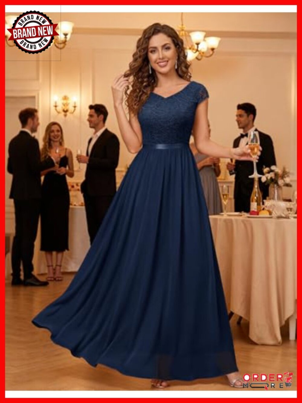 Lace Chiffon Formal Maxi Dress with Cap Sleeves V-Neck - Picture 2 of 6
